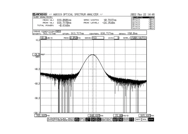 840 nm 5 mW 10 nm sávszélességű SLED szélessávú fényforrás modul 840 nm 5 mW 10 nm sávszélességű SLED szélessávú fényforrás modul